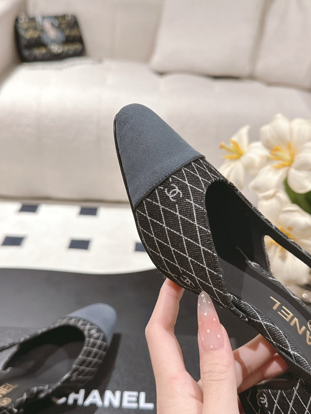 CC SLINGBACK 25S 65 MM IN BLACK DENIM WITH PLAID PATTERN