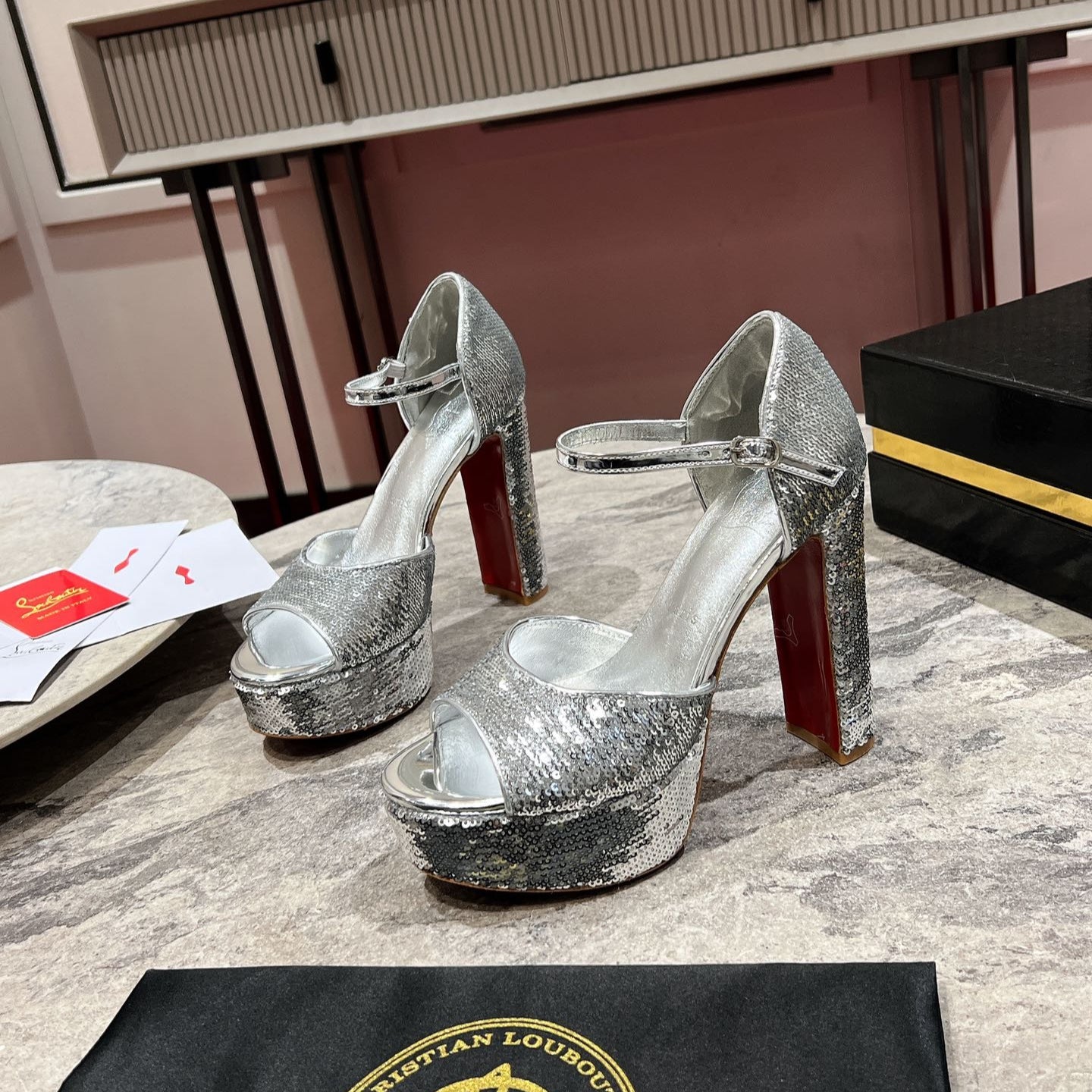 GLITTER SANDALOO PLATFORM SANDALS 130MM IN SILVER-TONE CALFSKIN