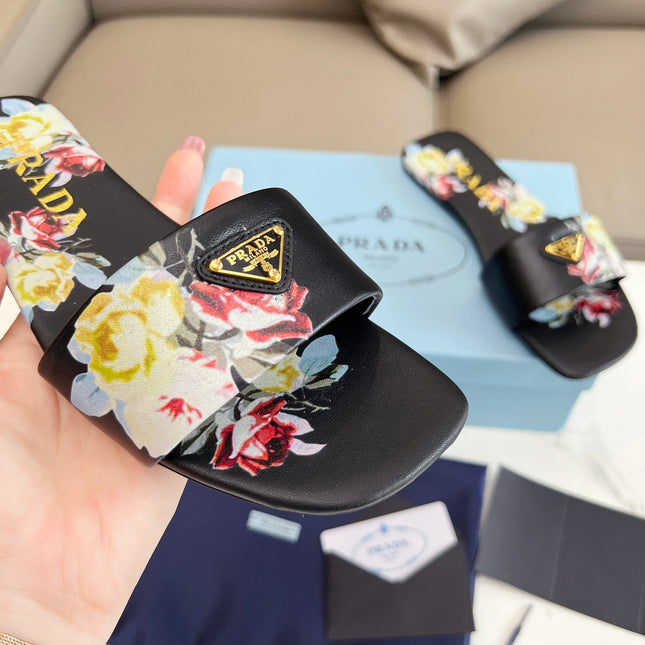 PRA PRINTED SLIDES SLIPPERS BLACK LAMBSKIN