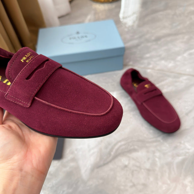 PRADA 25S LOAFERS IN DARK RED SUEDE