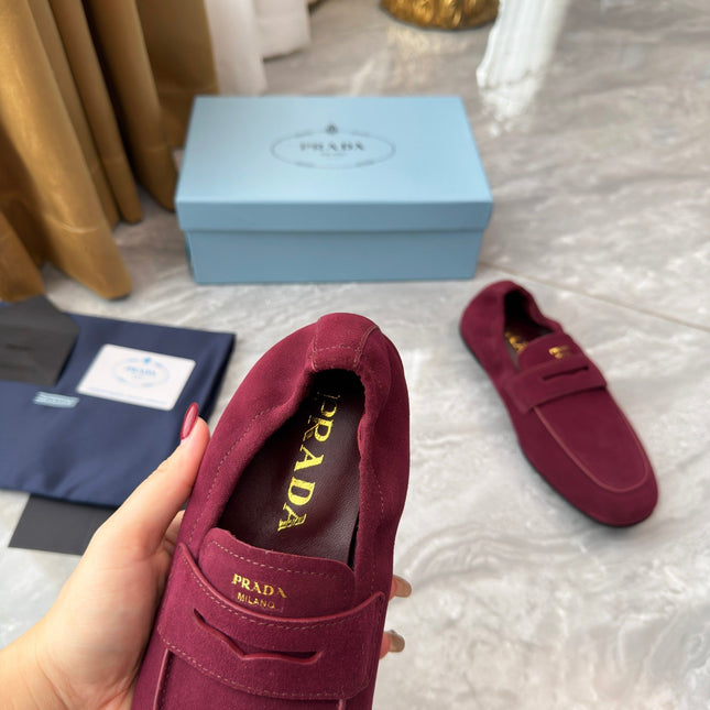 PRADA 25S LOAFERS IN DARK RED SUEDE
