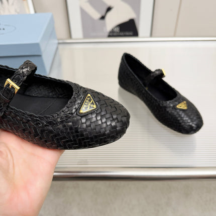 PRADA 26S MARY JANE FLATS IN BLACK WOVEN CALFSKIN
