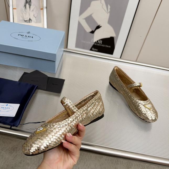 PRADA 26S MARY JANE FLATS IN GOLD WOVEN CALFSKIN