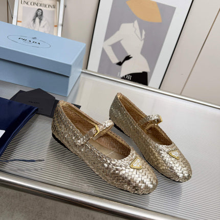 PRADA 26S MARY JANE FLATS IN GOLD WOVEN CALFSKIN