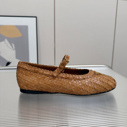 PRADA 26S MARY JANE FLATS IN TAN BROWN WOVEN CALFSKIN