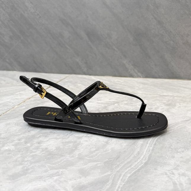 PRADA 26S THONG SANDALS IN BLACK CALFSKIN TRIANGLE LOGO