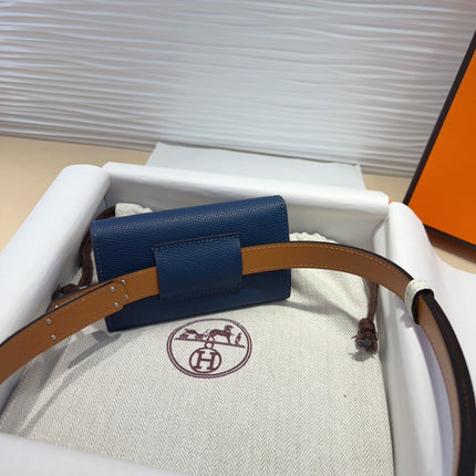 HM KELLY NAVY BLUE POCKET 18MM BELT WHITE LEATHER SILVER HARDWARE