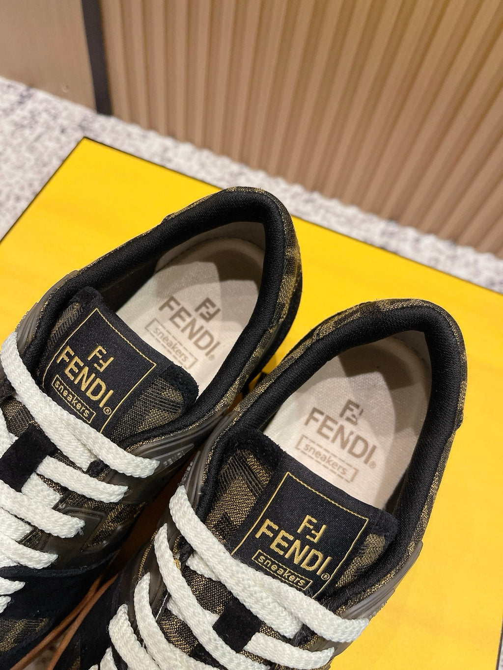 FENDI 25S MATCH SNEAKERS IN BLACK SUEDE MIX BROWN CANVAS STYLE 5