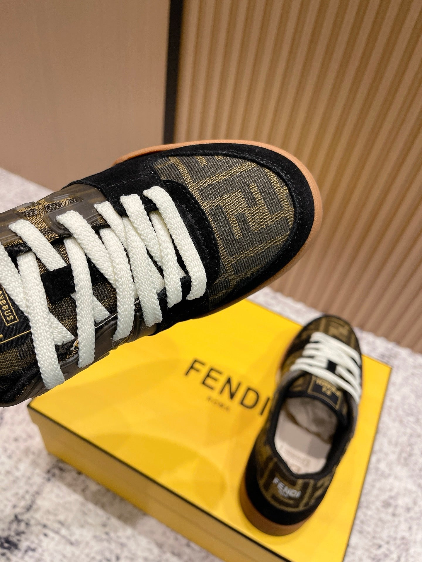 FENDI 25S MATCH SNEAKERS IN BLACK SUEDE MIX BROWN CANVAS STYLE 5