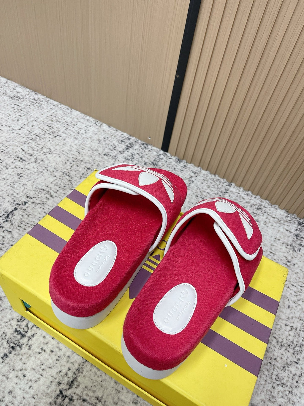 GUCCI 26S PLATFORM SLIDE SANDALS IN RED FABRIC