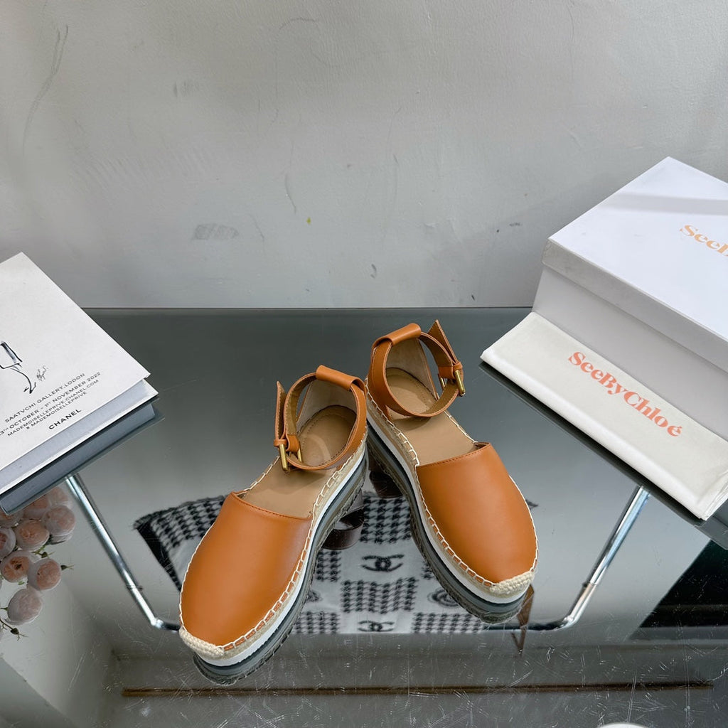 SEE BY ESPADRILLES SANDAL IN COPPER BROWN CALFSKIN AND WOVEN RAFFIA
