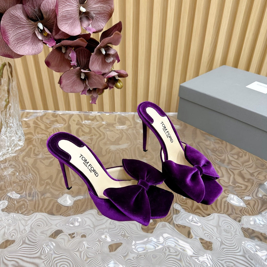HIGH HEEL 10 MULE IN WINE PURPLE VELVET WITH BOW