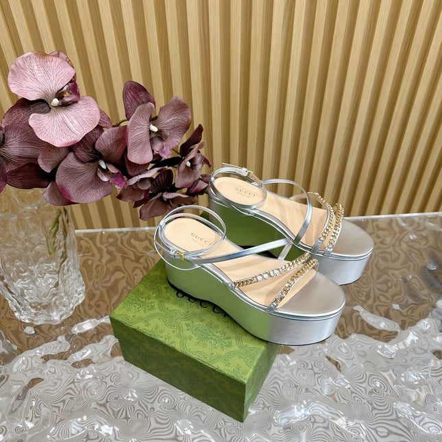 GG PLATFORM SANDAL SILVER CALFSKIN WITH CHAINS