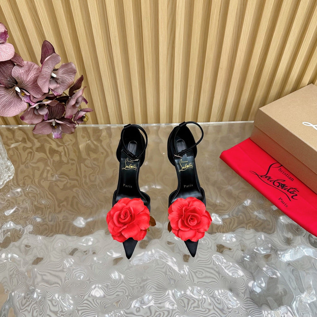 RED BELLAROSE STRAP PUMPS 110MM IN BLACK CREPE SATIN