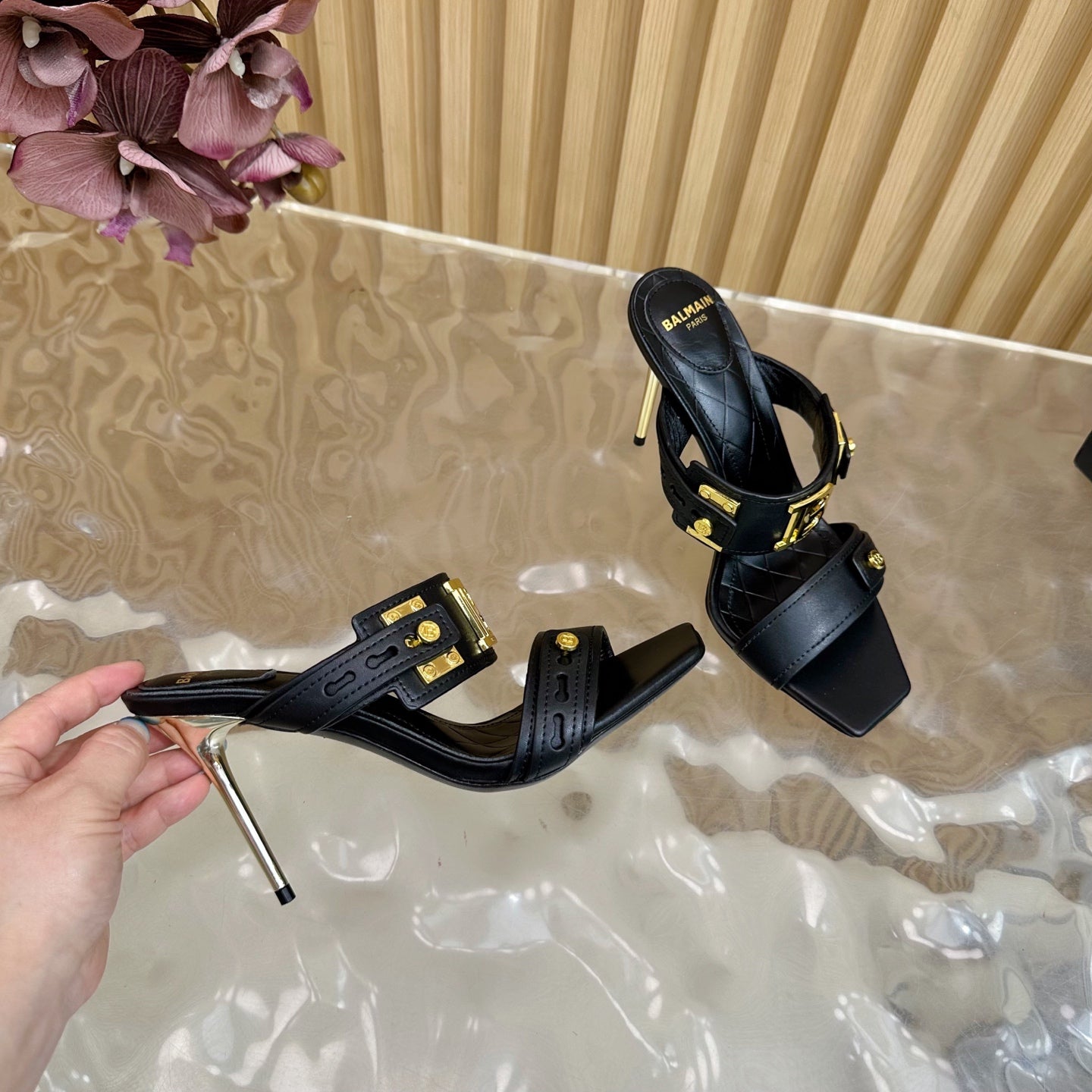 BALMAIN 25S MULES IN STRIPED LEATHER 95MM IN BLACK CALFSKIN GOLD HARDWARE