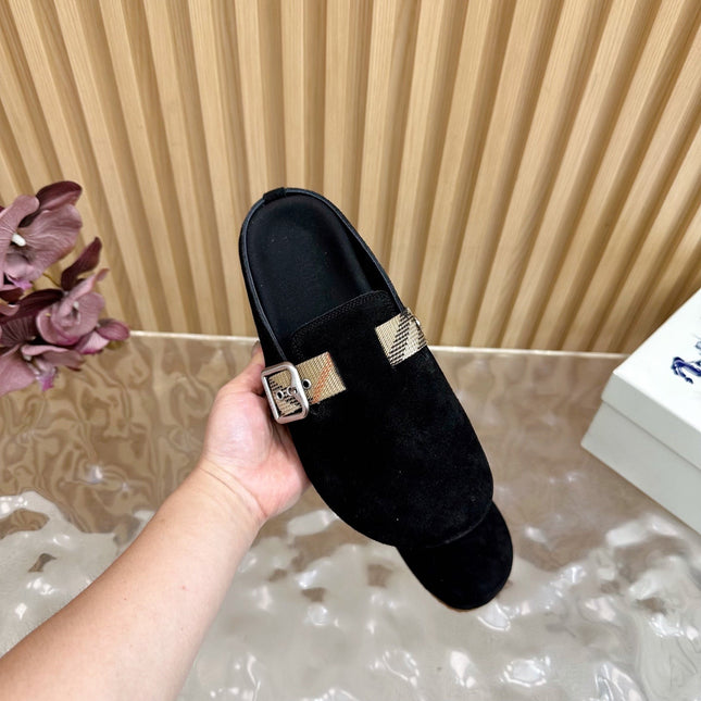 BURBERRY 26S BUCKLE MULES IN BLACK SUEDE
