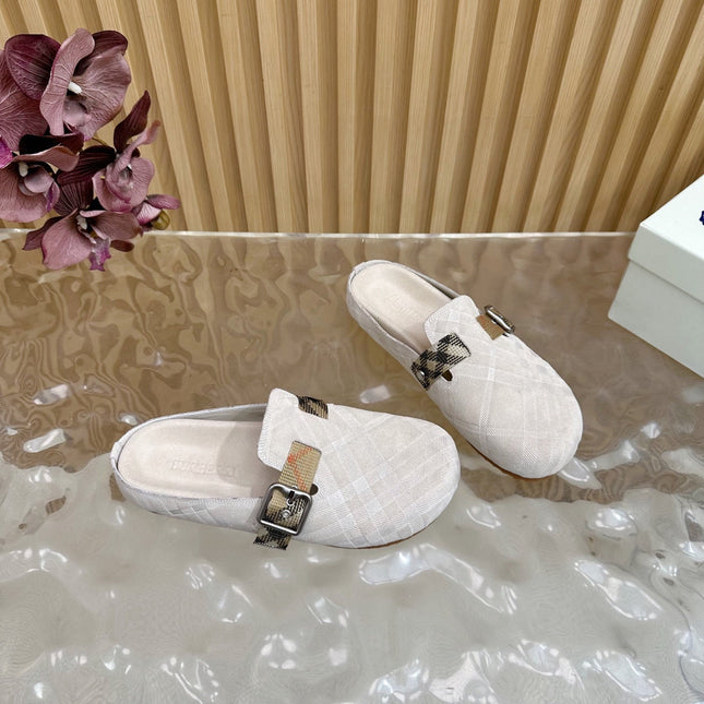 BURBERRY 26S PLAID BUCKLE MULES IN LIGHT BEIGE SUEDE