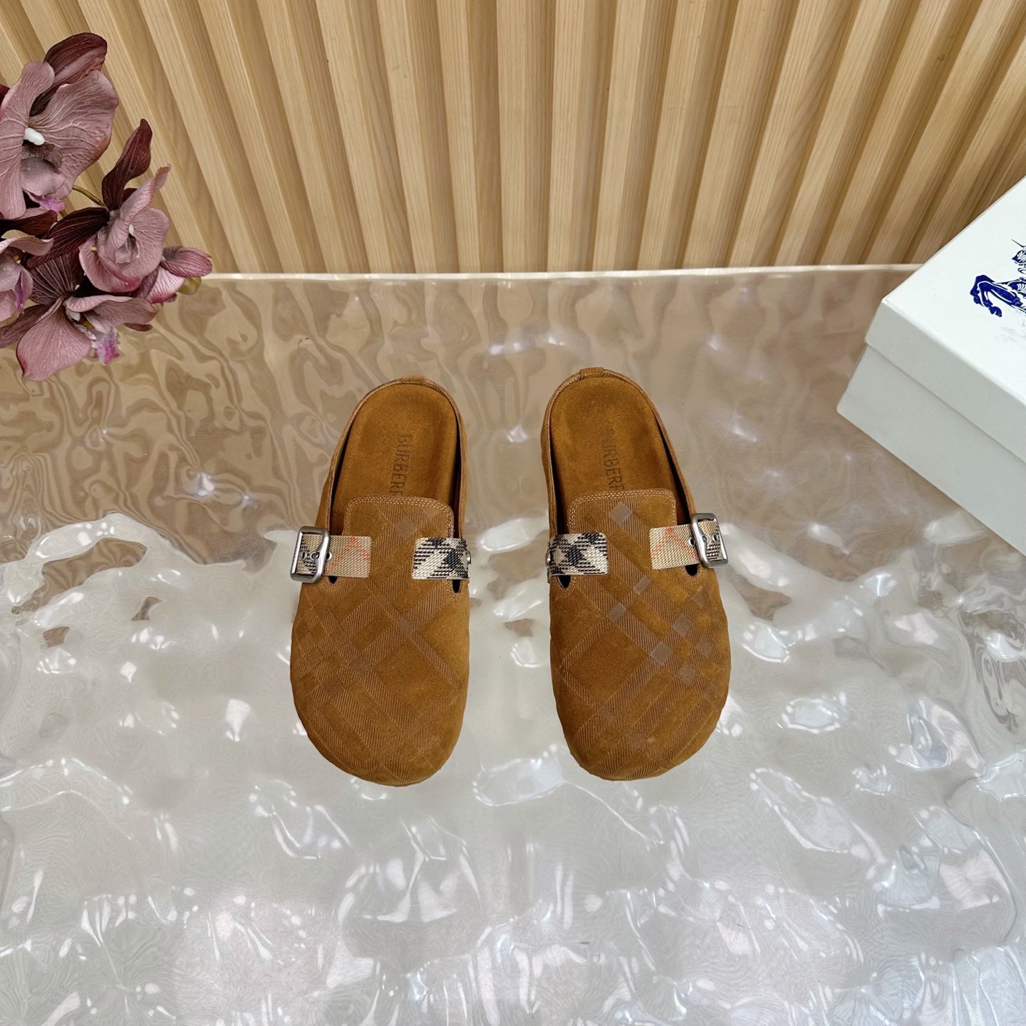 BURBERRY 26S PLAID BUCKLE MULES IN BROWN SUEDE