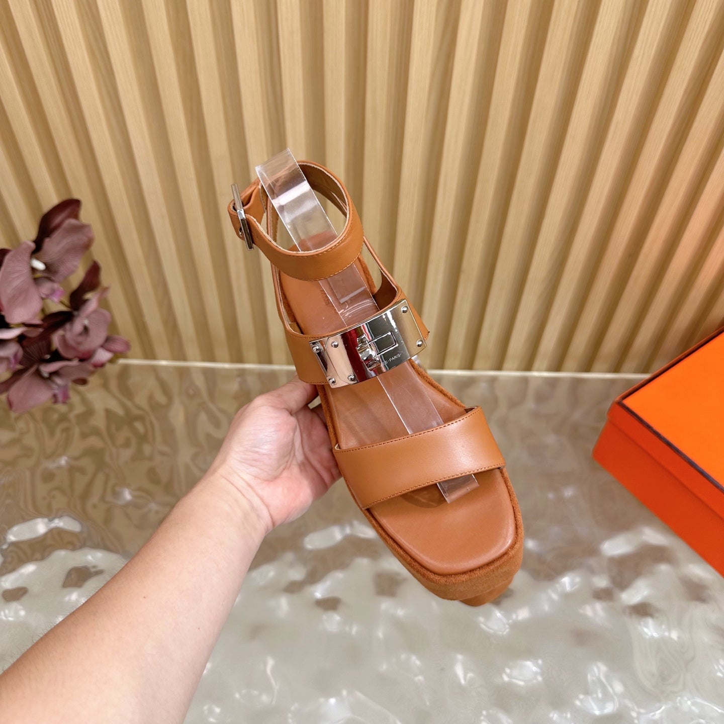HM 25S CLASSIC WEDGE SANDALS 70 MM IN BROWN LAMBSKIN WITH SILVER HARDWARE
