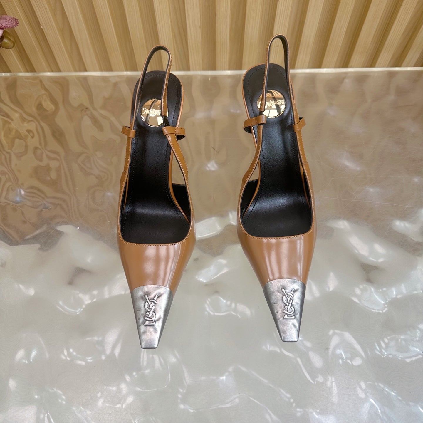 YSL 25S HIGH-HEEL SLINGBACKS 85 MM IN CAMEL BROWN LAMBSKIN AND SILVER HARDWARE