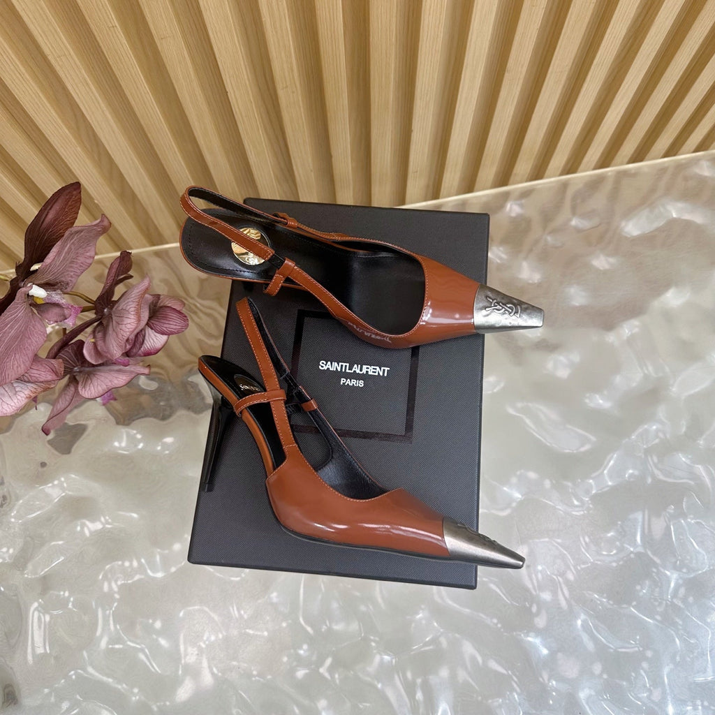 YSL 25S HIGH-HEEL SLINGBACKS 85 MM IN REDWOOD BROWN LAMBSKIN AND SILVER HARDWARE