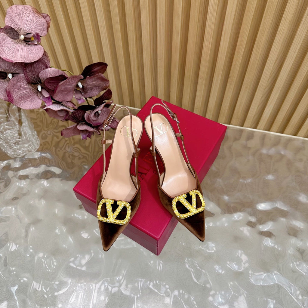 VALENTINO 25S HIGH-HEEL SLINGBACKS IN DARK BROWN VELVET WITH GOLD HARDWARE