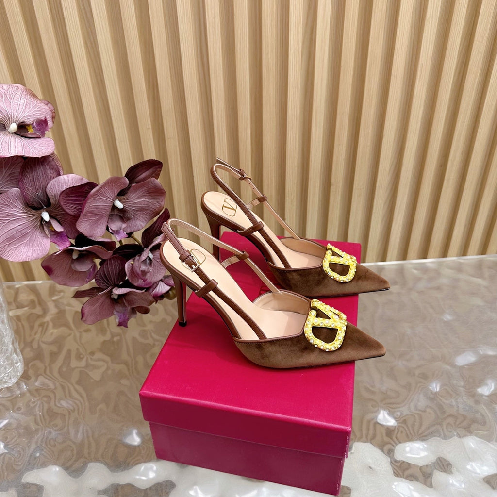 VALENTINO 25S HIGH-HEEL SLINGBACKS IN DARK BROWN VELVET WITH GOLD HARDWARE