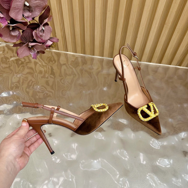 VALENTINO 25S HIGH-HEEL SLINGBACKS IN DARK BROWN VELVET WITH GOLD HARDWARE