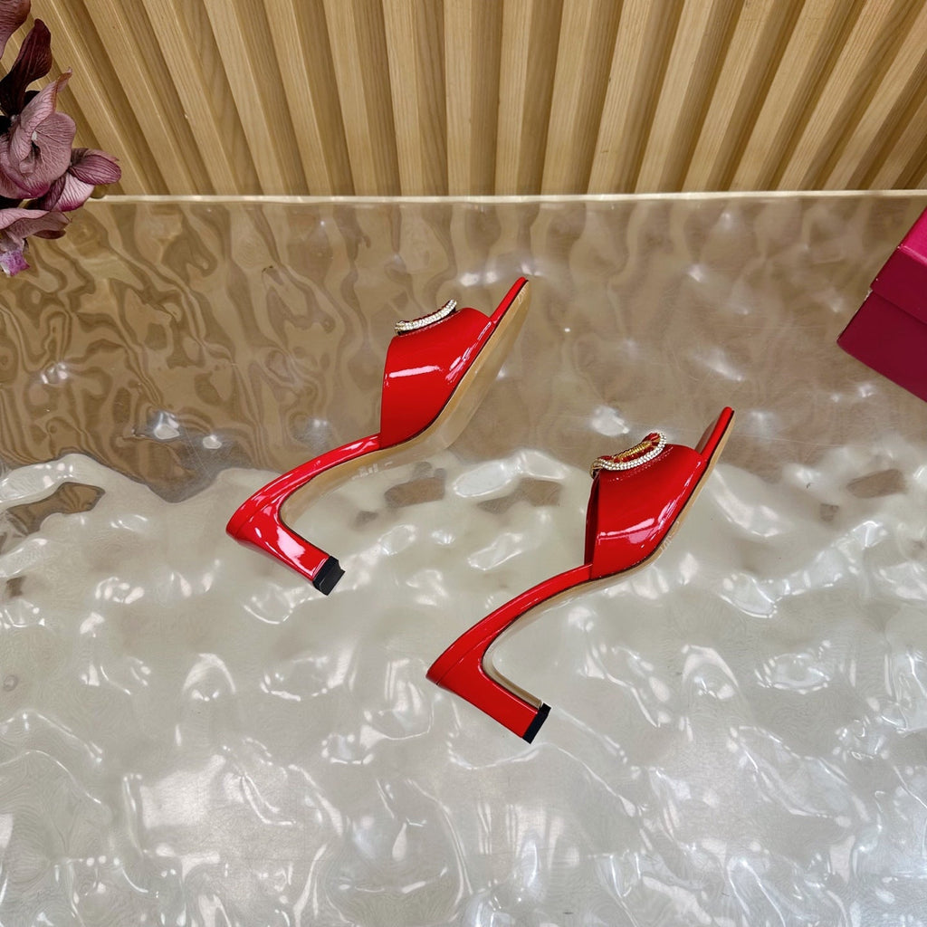 VALENTINO 25S HIGH-HEEL MULES 60 MM IN RED PATENT CALFSKIN WITH CRYSTAL-EMBELLISHED STRAP