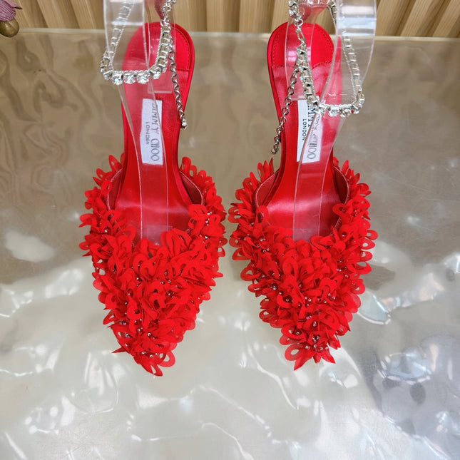 JIMMY CHOO 26S HIGH HEELS 100 MM IN RED FABRIC AND LAMBSKIN CRYSTAL STRAPS