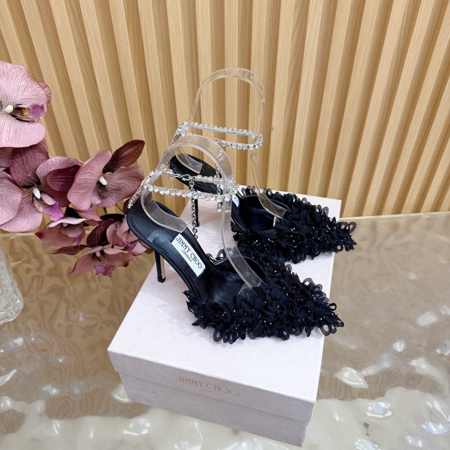 JIMMY CHOO 26S HIGH HEELS 100 MM IN BLACK FABRIC AND LAMBSKIN CRYSTAL STRAPS