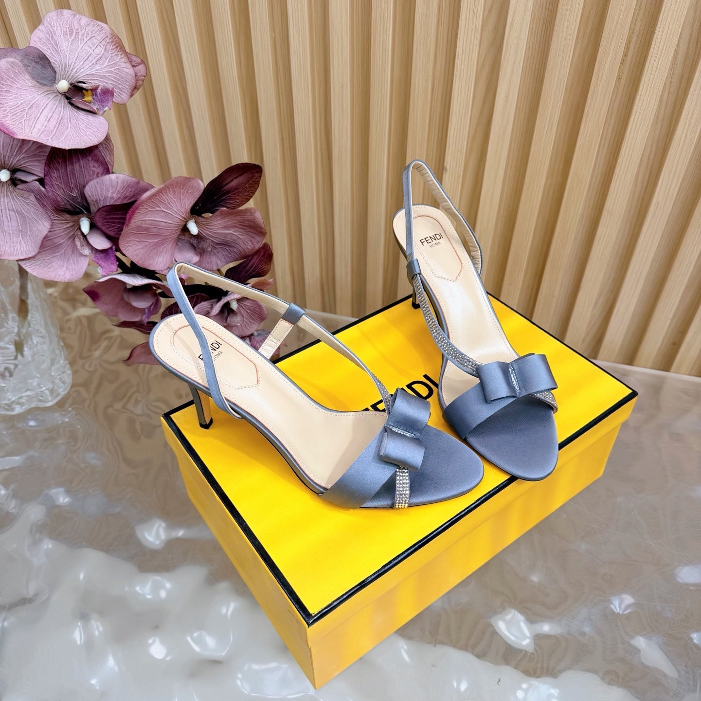 FENDI 26S HIGH-HEELED SANDALS 90 MM IN SOFT CORNFLOWER BLUE SATIN