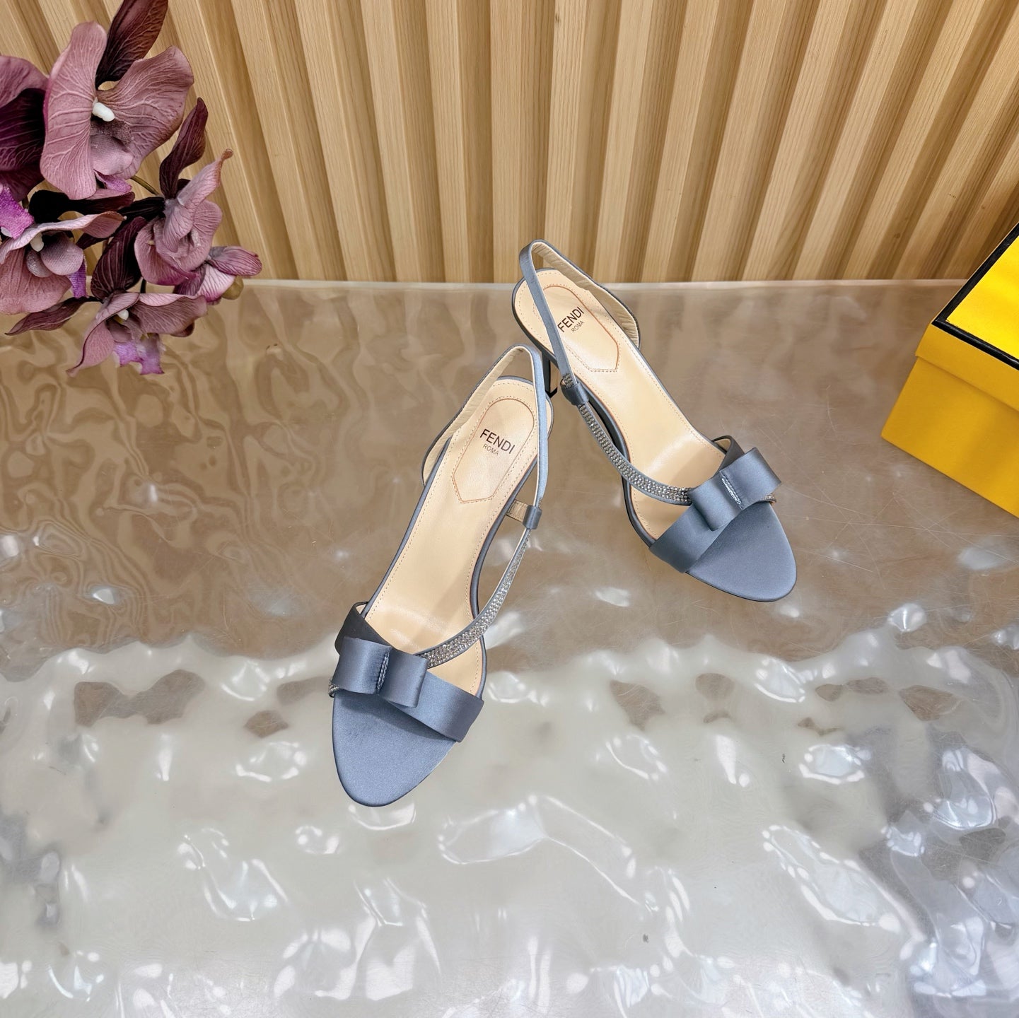FENDI 26S HIGH-HEELED SANDALS 90 MM IN SOFT CORNFLOWER BLUE SATIN
