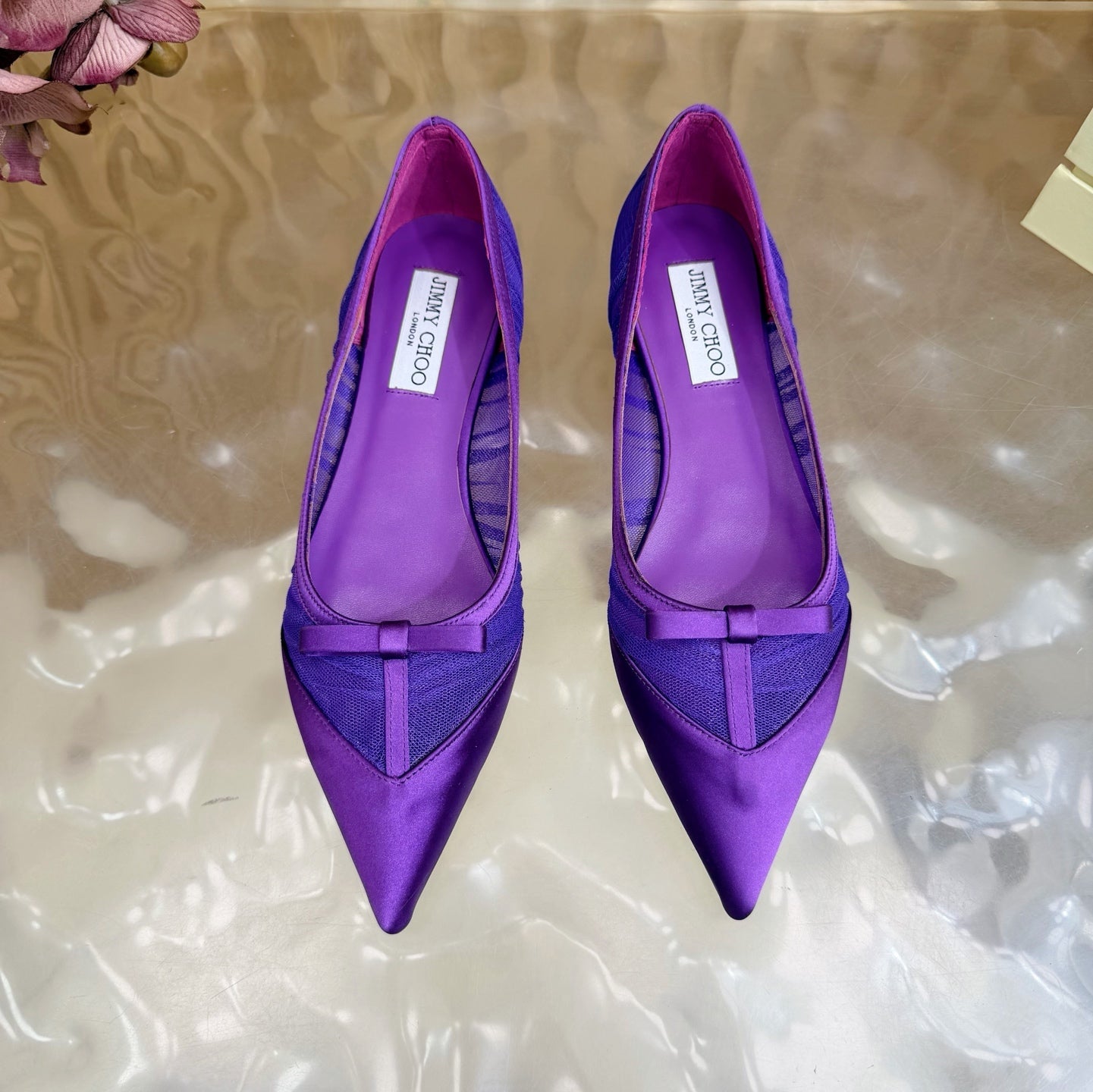 JIMMY CHOO 26S FLATS IN DARK PURPLE LACE AND SATIN