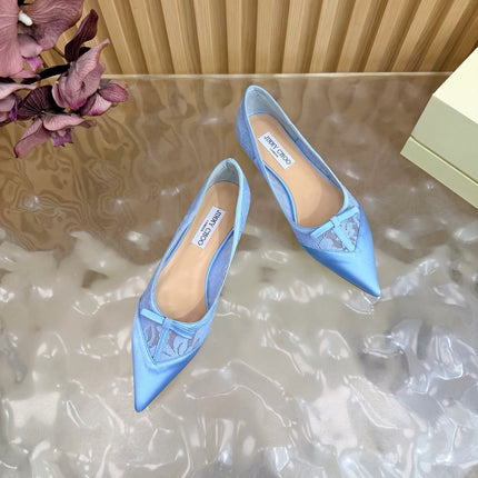 JIMMY CHOO 26S FLATS IN SKY BLUE LACE AND SATIN