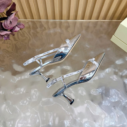 JIMMY CHOO 26S SLINGBACK HEELS 65 MM IN SILVER PATENT CALFSKIN