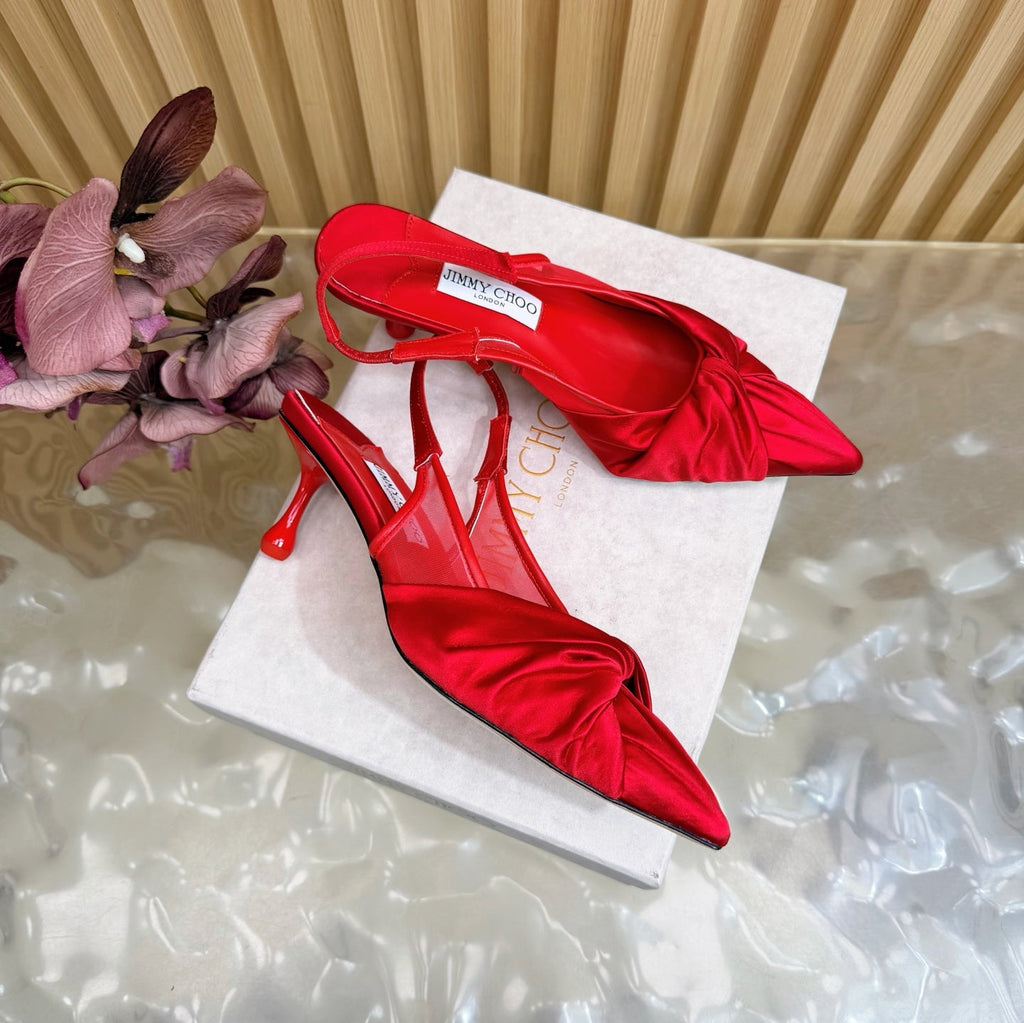 JIMMY CHOO 26S SLINGBACK HEELS 60 MM IN RED SATIN WITH KNOT DETAIL