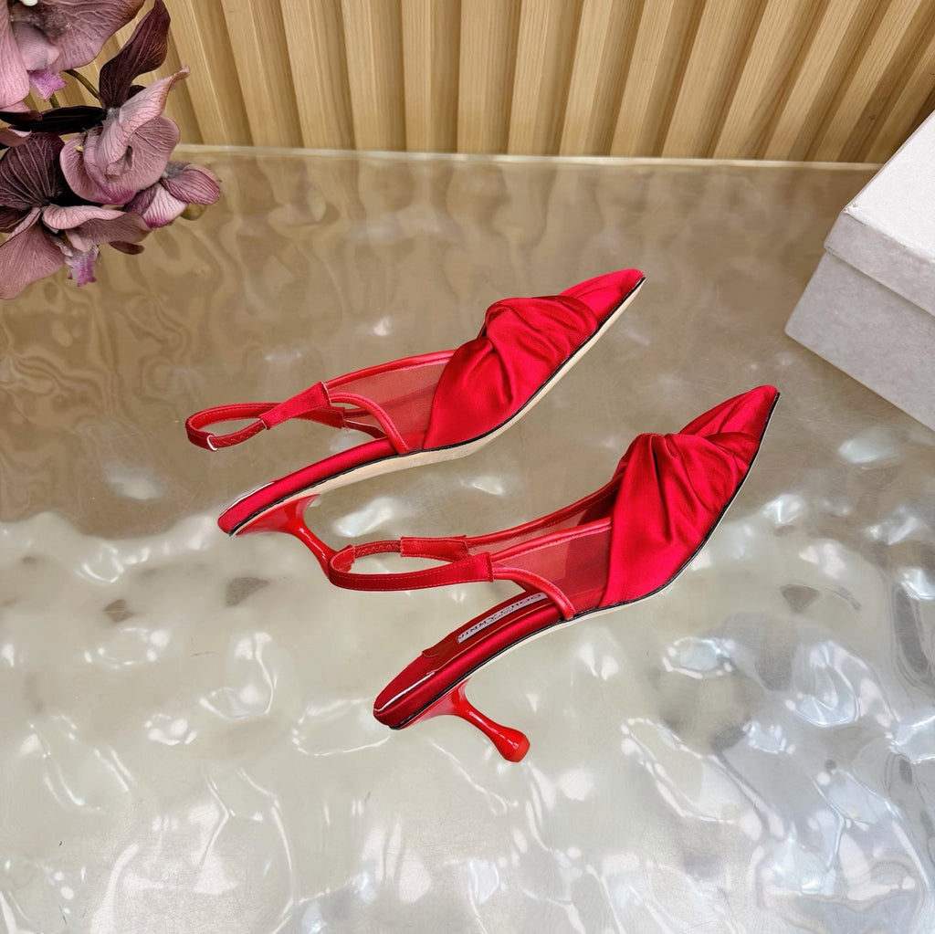 JIMMY CHOO 26S SLINGBACK HEELS 60 MM IN RED SATIN WITH KNOT DETAIL
