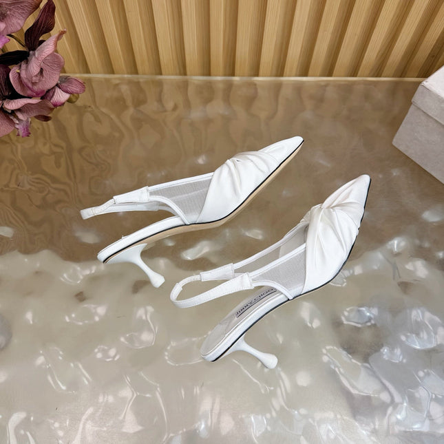JIMMY CHOO 26S SLINGBACK HEELS 60 MM IN WHITE SATIN WITH KNOT DETAIL