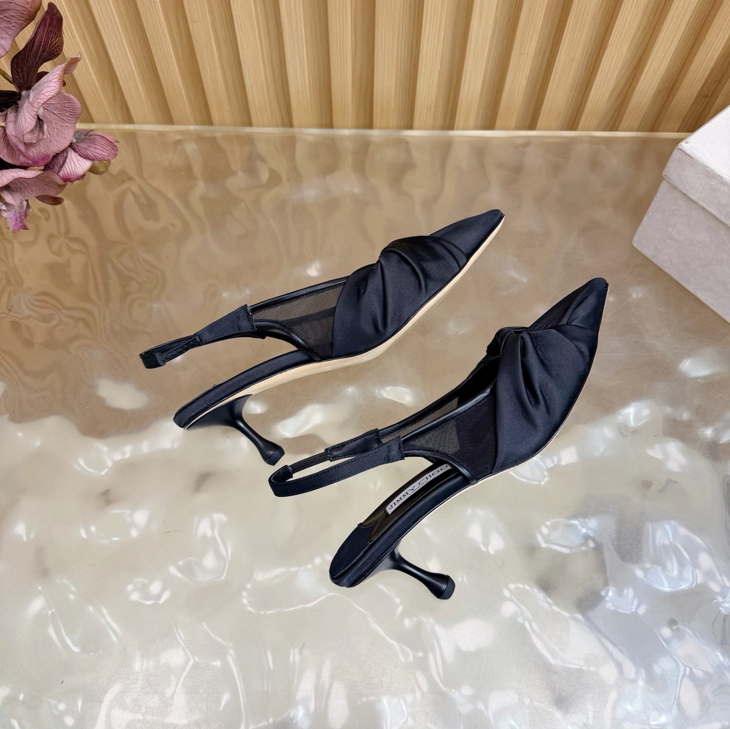 JIMMY CHOO 26S SLINGBACK HEELS 60 MM IN BLACK SATIN WITH KNOT DETAIL