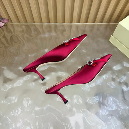 JIMMY CHOO 26S HIGH-HEELED MULES 65 MM IN RED SATIN WITH RHINESTONE BOW