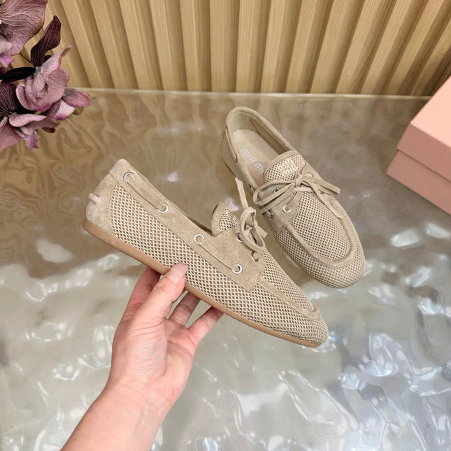 MIU MIU 26S MESH LOAFERS IN CAMEL KNIT FABRIC