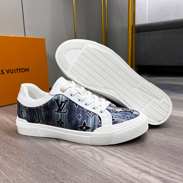 LV TRAINER SNEAKER WHITE CALFSKIN AND BLUE DENIM