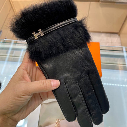 GLOVES WITH H LETTER IN BLACK SHEEPSKIN AND LAMB FUR 409344