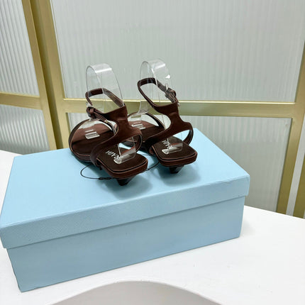 PRA TRIANGLE HEEL SATIN SANDALS BROWN