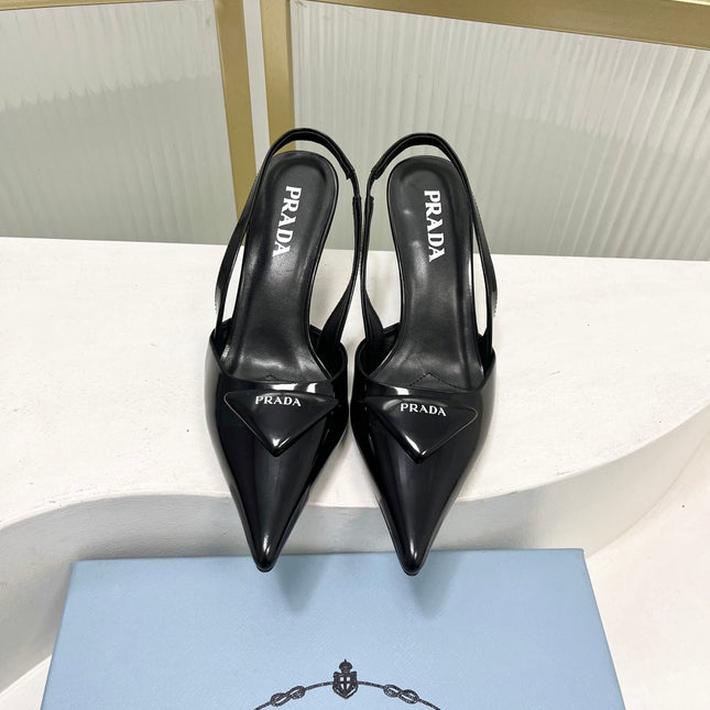 PRADA 26S SLINGBACK HIGH HEEL SANDALS 75MM IN BLACK CALFSKIN WITH LOGO