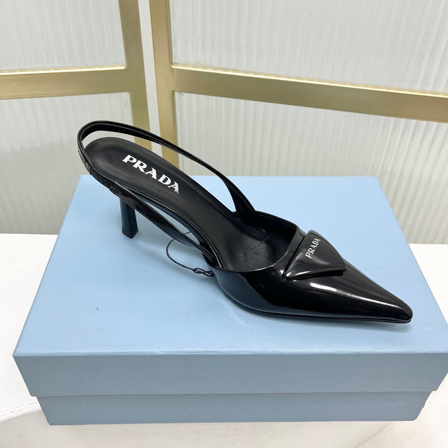 PRADA 26S SLINGBACK HIGH HEEL SANDALS 75MM IN BLACK CALFSKIN WITH LOGO