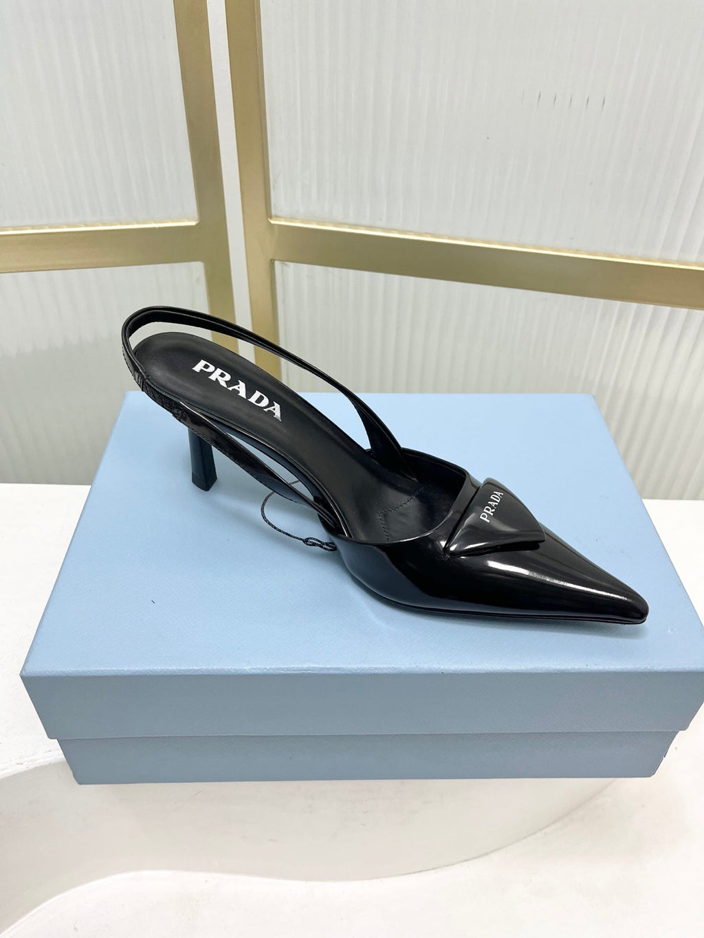 PRADA 26S SLINGBACK HIGH HEEL SANDALS 75MM IN BLACK CALFSKIN WITH LOGO