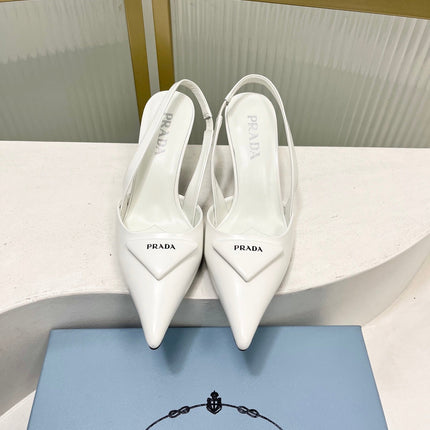 PRADA 26S SLINGBACK HIGH HEEL SANDALS 75MM IN WHITE CALFSKIN WITH LOGO