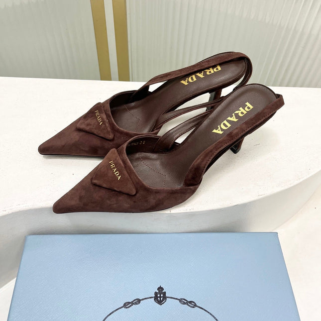 PRADA 26S SLINGBACK HIGH HEEL SANDALS 75MM IN DARK BROWN SUEDE WITH LOGO